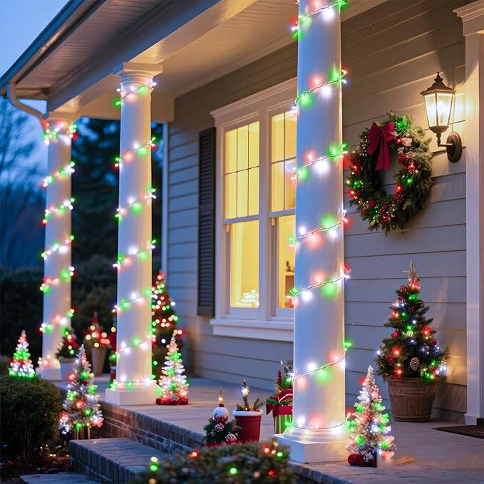 300 LED Christmas Lights Outdoor Indoor 100FT String Lights Indoor Clear Wire 8 Modes Plug in Twinkle Fairy Lights for Bedroom Christmas Tree Party Decorations, Red White&Green