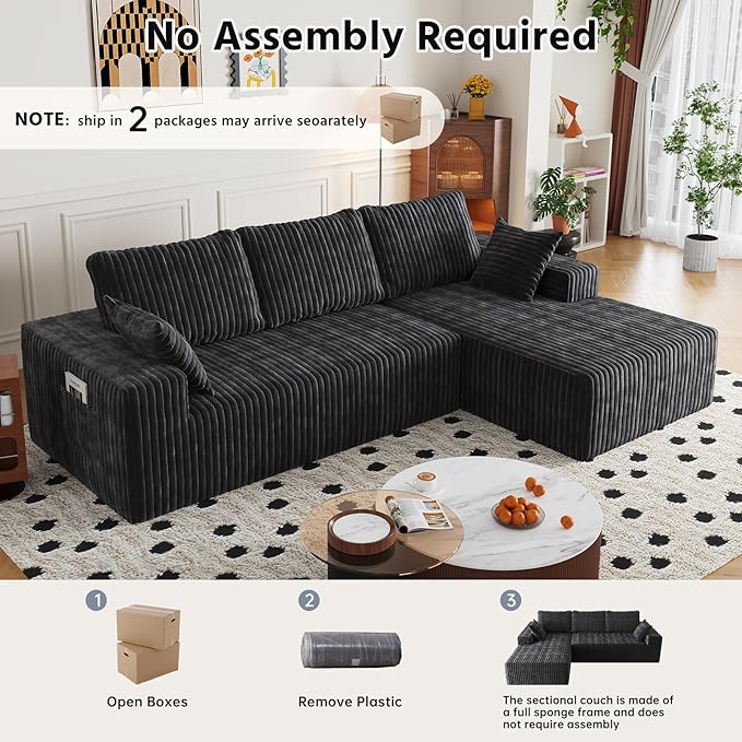 108" Sectional Couches for Living Room, Modular Sectional Sofa with L-Shape Chaise, Boneless Couch, Comfy Corduroy Fluffy Couch with Deep Seat and Side Pockets, No Assembly Required