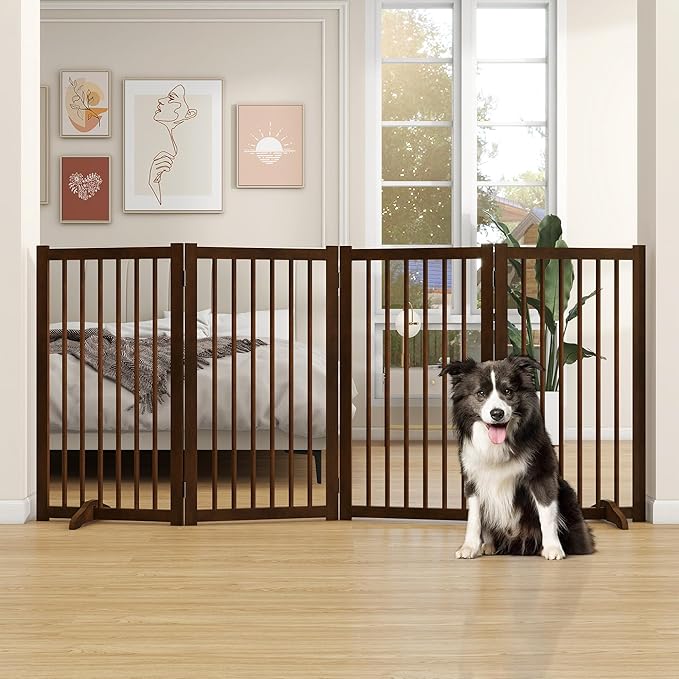 36" H Freestanding Pet Gate, Solid Wood Foldable Dog Gate with Support Feet, Wooden Tall Dog Gate for Doorway, Stairs & Indoor Use, 60" Wide Expandable Pet Fence, 4 Panels, Walnut