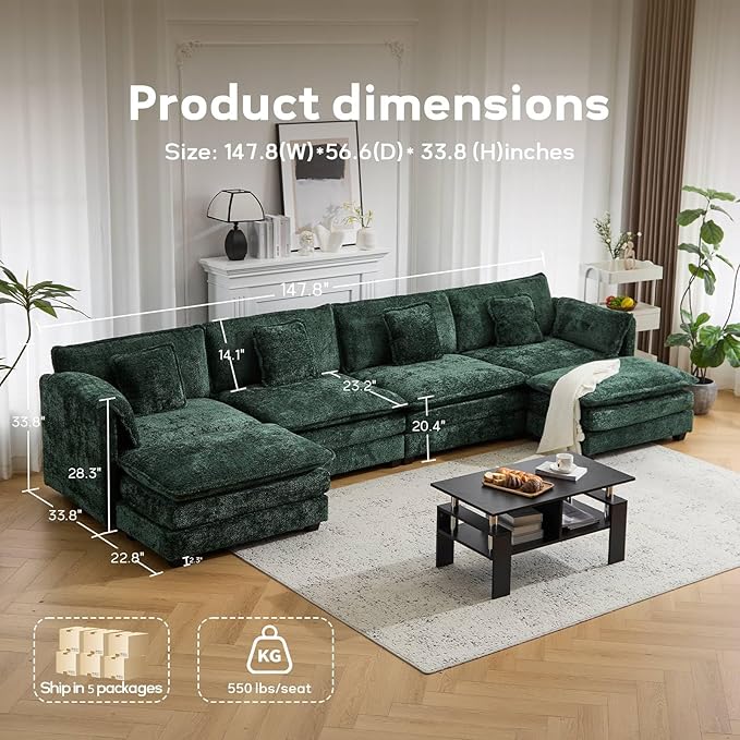 147.8" U Shaped Modular Sectional Sofa, Comfy Cloud Couch with Movable Ottoman, Deep Seat Modular Sofa, Sectional Couches for Living Room, Bedroom, Apartment (Green)