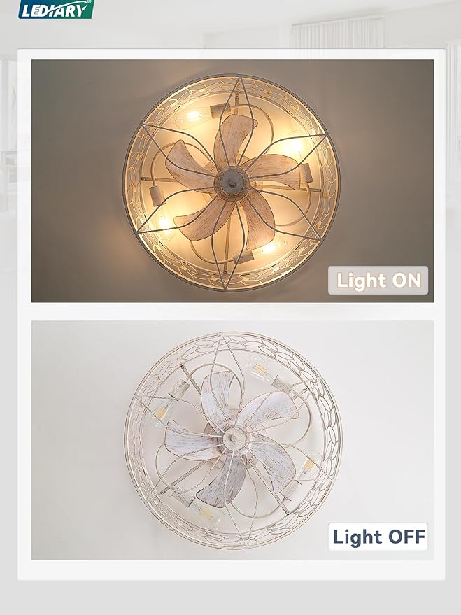 LEDIARY 23 Inch Caged Ceiling Fans with Lights, White Flush Mount Ceiling Fan with Remote, Large Low Profile Bladeless Ceiling Fan Light Fixture for Bedroom, Kitchen, Dining Room-White Gold Color