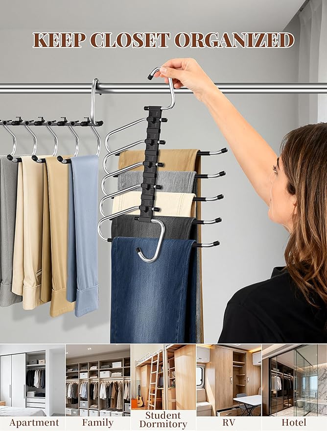 Pants Hangers 2 Pack Space Saving Metal Closet Organizer, Anti-Slip Design, Multi-Layer Space Saving Hangers, Closet Organizers and Storage for Jeans, Trousers, Skirts, Scarves, Slacks, Black