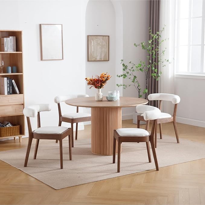 Kmax Dining Room Chairs Mid-Century Modern Fabric Kitchen Chairs with Natural Walnut Finished Frame, Linen Curved Back, Set of 4, White