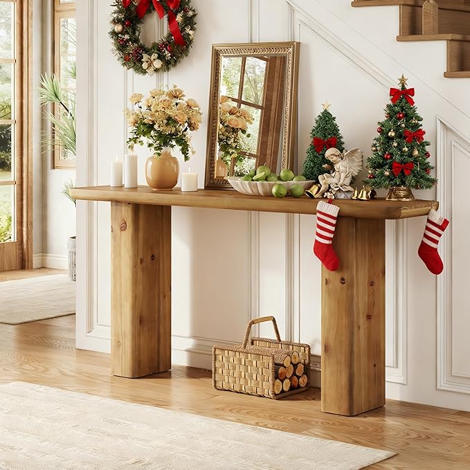 63-Inch Solid Wood Console Table, Wooden Sofa Table Behind Couch, Farmhouse Entryway Table, for Living Room, Foyer, Hallway, Entrance, Easy Assembly, Rustic Brown