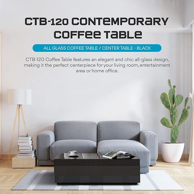 SONOROUS Premium Tempered Glass Coffee Table - Modern Black Rectangular Coffee Tables for Living Room - High Gloss Fingerprint Resistant Mid Century Design - Stylish Living Room Furniture & Décor
