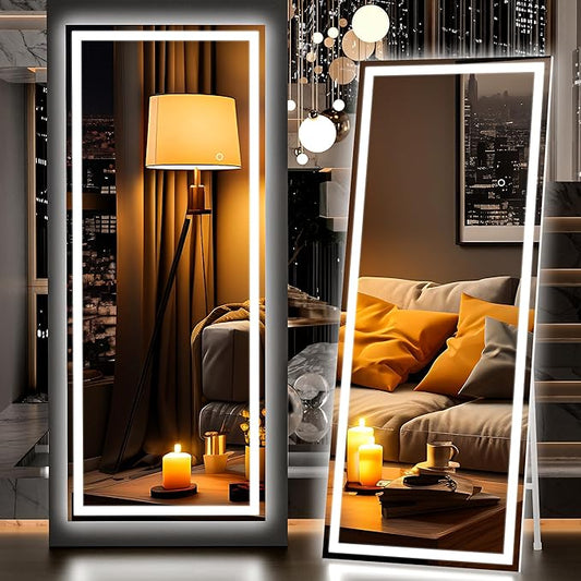 Hasipu Full Length Mirror with Lights, 67" x 24" LED Lighted Floor Standing, Full Body Dressing Hanging Mounted Mirror, Dimmable, Tempered Glass, Safe to Use, Square White