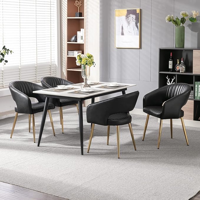 Modern Dining Chairs Set of 6, Upholstered PU Leather Gold Dining Room Chairs with Hollow Back, Accent Armrest Kitchen Chairs with Gold Legs for Living Room Black