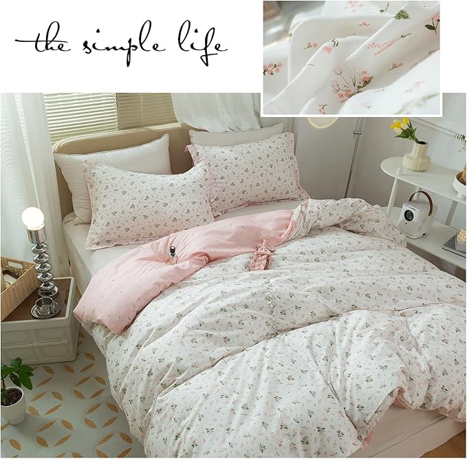 LifeTB Garden Style Duvet Cover Floral Print Bedding Sets King Pink White Floral Comforter Cover Cotton Chic Flower Print Duvet Cover for Girl Women Boho with Zipper Closure 4 Ties