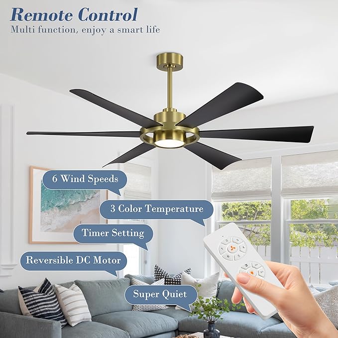 ELEHINSER 60" Ceiling Fan with Lights - 6 ABS Plastic Blades, 3 Downrods, 6-Speed Reversible DC Motor, 3CCT, Windmill Ceiling Fan for Kitchen Bedroom Living Room, Brass and Black