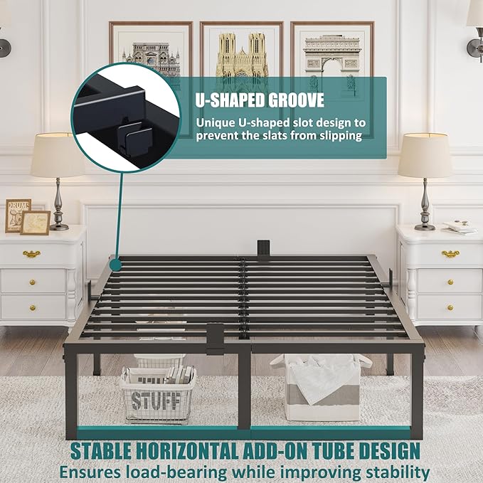 16 inch California King Bed Frame,3500 lbs Heavy Duty Metal Platform,Steel Slats Support/No Box Spring Needed/Noise Free/Non-Slip/Easy Assembly