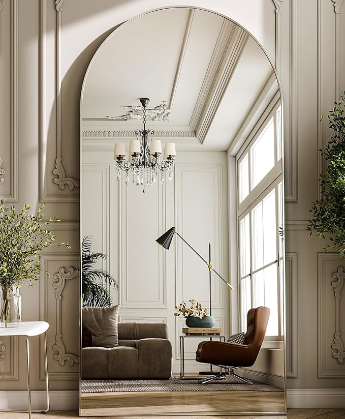 GLSLAND-34 x76 Arched Full Length Mirror-Oversize Floor Mirror Aluminum Alloy Frame High Definition-Full Body Mirror for Bedroom or Living Room,Silver