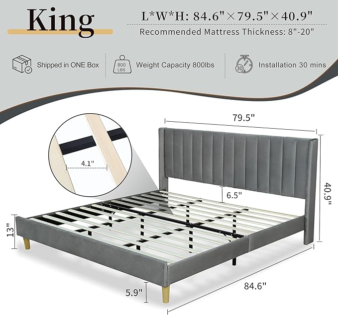 King Size Upholstered Platform Bed Frame with Modern Wingback & Vertical Panel Headboard, Velvet Fabric, Wooden Legs & Slats Support, No Box Spring Needed, Noise-Free & Easy Assembly, Grey