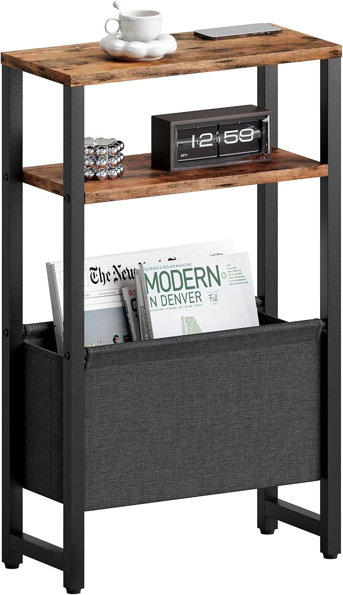 Narrow Side Table, Slim End Table with Magazine Rack, Bedside Table for Small Spaces, 3 Tier Sofa Couch Table Nightstand for Living Room, Bedroom Rustic Brown LET503R