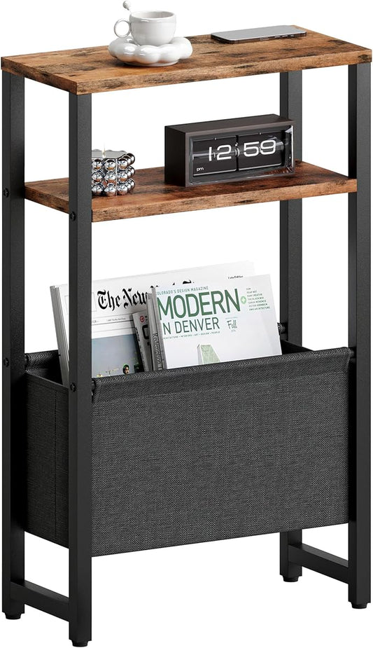 Narrow Side Table, Slim End Table with Magazine Rack, Bedside Table for Small Spaces, 3 Tier Sofa Couch Table Nightstand for Living Room, Bedroom Rustic Brown LET503R