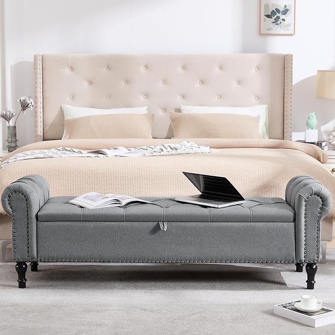 67 Inch Storage Bench for Bedroom, Linen End of Bed Bench, King Size Bench with Rolled Arms, Upholstered Tufted Button Storage Ottoman, Living Room, Entryway, Light Grey