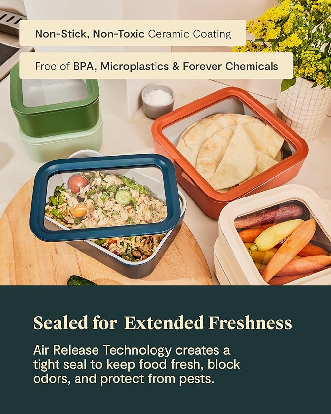 Caraway 22pc Glass Food Storage Set - Storage Containers for Food - Non-Toxic Ceramic-Coated Glass - Air Release Technology - Compact & Stackable Design - Gray