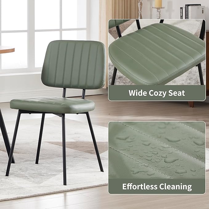 Dining Chairs Set of 2, Faux Leather Upholstered Dining Chairs, Mid Century Modern Kitchen Dining Room Accent Chairs with Curved Backrest and Steel Frame for Kitchen, Living Room - Green