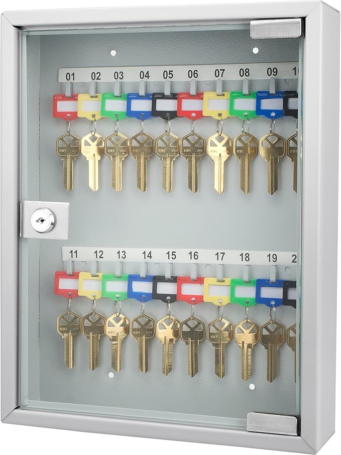 Barska Key Lock Box with Glass Door – Wall Mount Steel Key Cabinet Organizer with Labeled Hooks and Colored Key Tags for Home, Office, Property Management