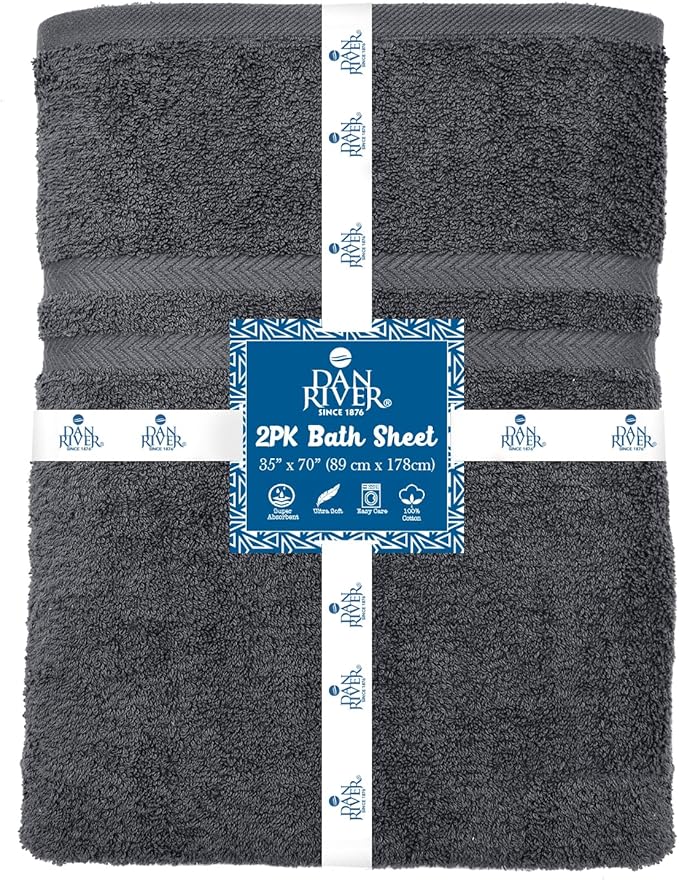 DAN RIVER 2 Pack Luxury Bath Sheets 35x70, 600 GSM, Soft & Quick Dry 100% Ring Spun Cotton Towels Ideal for Hotels, Spas, Gyms & Salons Extra Large, Dark Gray