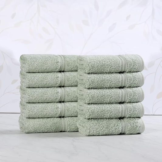Superior Heritage Egyptian Cotton Face Towel Set, Small Towels for Kitchen, Home Bathroom, Guest Bath, Luxury Essentials, Plush, Absorbent Basics, Washcloths, Spa, Hotel, Resort, Set of 10, Sage