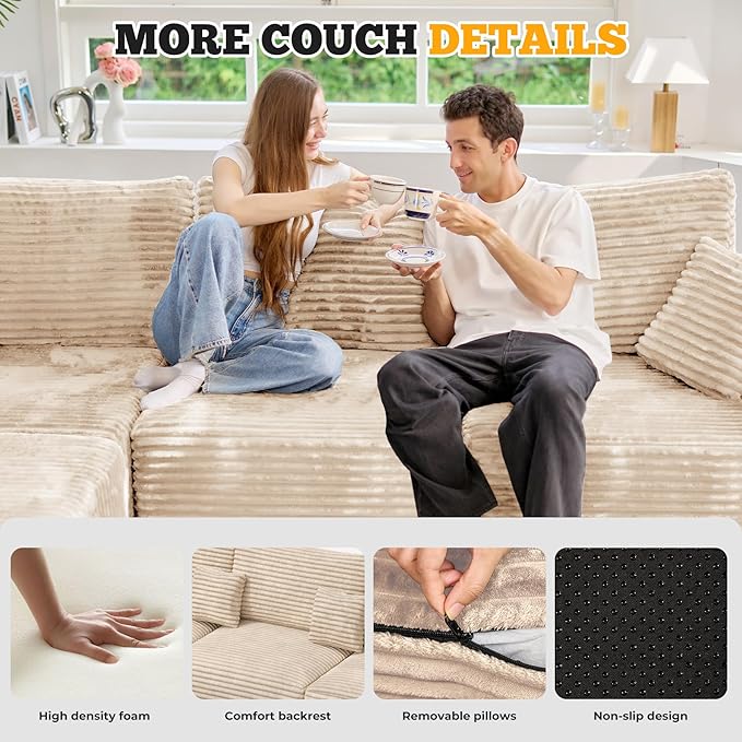 113" Modular Sectional Sofa, Convertible U-Shaped Cloud Couches for Living Room with Ottoman, 5 Seater Corduroy Boneless Couch Sofa Set, No Assembly Required, Khaki 1 PCS