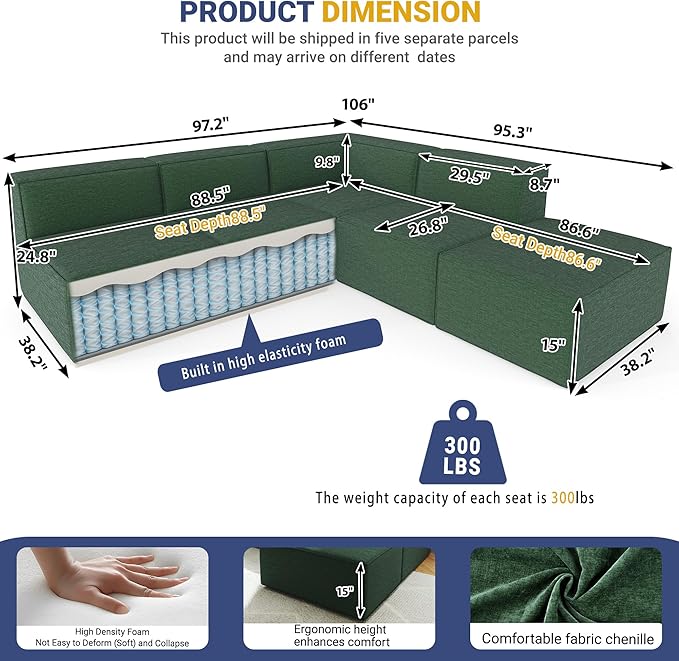 97"+57" 5-Piece Modular Sectional Sofa Convertible Cube Couch 2 3 4 Seat Set, L-Shape, Thick Foam No Assembly for Living Room (3xArmless+1xCorner+1xOttoman) Fabric Chenille Dark Green