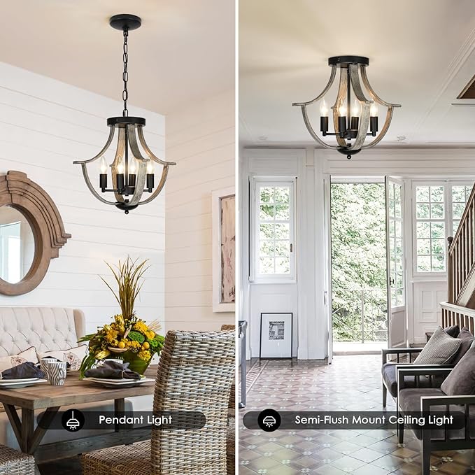 Farmhouse Chandelier, Modern Hanging Pendant Lighting, 4-Light Rustic Flush Mount Ceiling Light Fixture,Faux Wood Vintage Chandelier for Dining Room Kitchen Island Foyer Hallway Entryway Bedroom