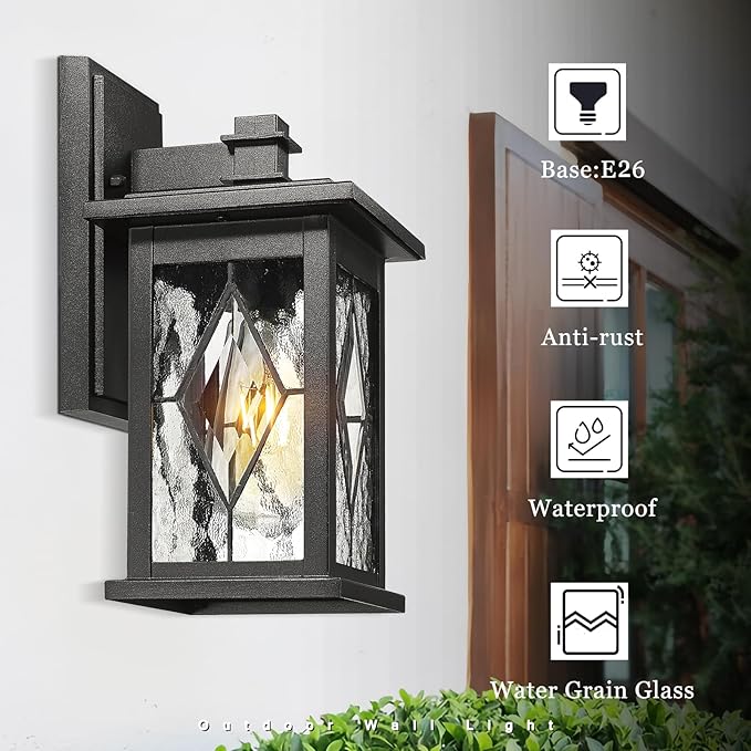 Emliviar Farmhouse Outdoor Porch Light, 1-Light Patio Wall Fixture With Water Grain Glass Shade, Black Finish, 1803EW1-SD BK