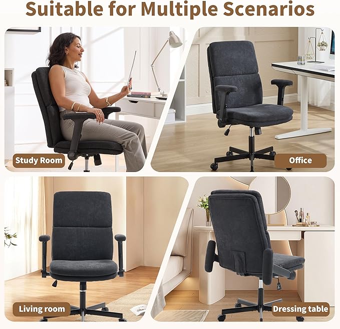 Office Chair Adjustable Desk Chair Mid Back Comfortable Linen Ergonomic Back Support Home Computer Chair with Padded 2D Flip-up Armrest Swivel Wheels (Navy Blue)