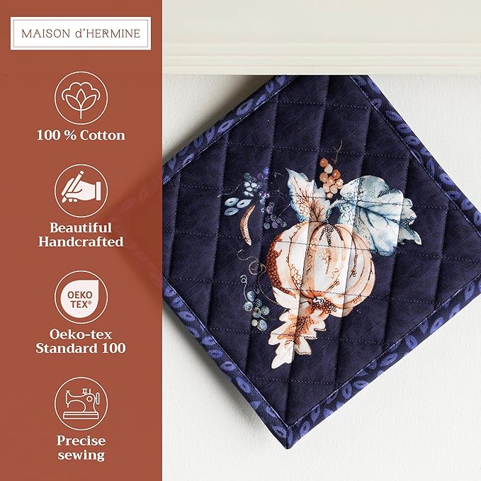 Maison d' Hermine Pot Holders 100% Cotton Heat Resistant Potholders 8" x 8" Hot Pads with Loop for Thanksgiving Christmas Decorations BBQ Cooking Baking Handling Hot Pans (Pack of 1, Pumpkin Blues)