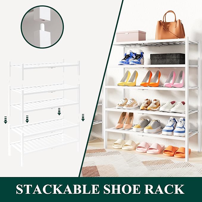 Smiry Shoe Rack, 5 Tier Thick Bamboo Shoe Organizer, Stackable Free Standing Wooden Shoe Storage Shelf for Closet, Entryway, Front Door Entrance, White
