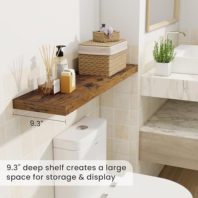 Fun Memories 36 Inch Floating Shelves, 9.3 Inch Deep Rustic Wall Shelves - Extra Deeper Wall Mounted Storage Shelves for Bathroom, Kitchen, Living Room (Brown, Set of 2)