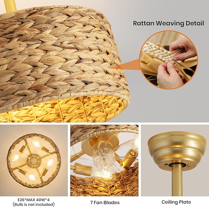 Boho Fandelier Ceiling Fans with Lights, Rattan Chandelier Fan Gold Caged Ceiling Fan with Light Remote, Flush Mount Chandelier Ceiling Fan with 6 Speeds Fandelier for Bedroom, Living Room,Kitchen