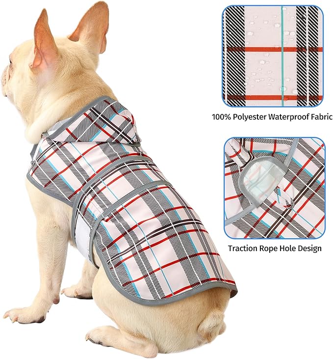 Dog Raincoat for Medium Dogs Waterproof Hooded Rain Jacket with Reflective Strips Leash Hole & Poncho Adjustable Fit (Plaid,M)