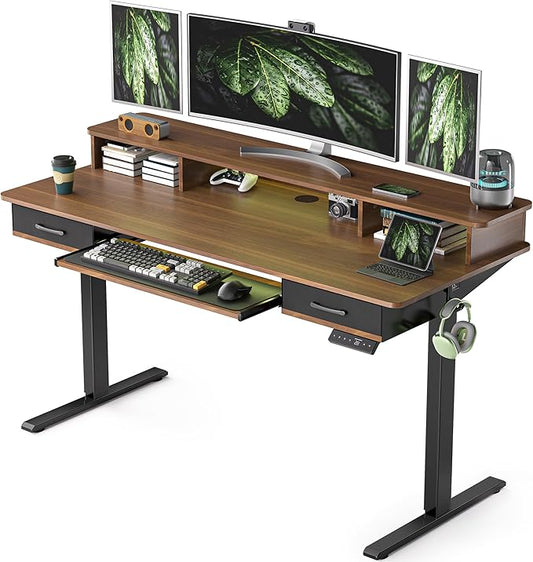 63 Inches Electric Standing Desk with Keyboard Tray, Height Adjustable Sit to Stand Table with 2 Drawers, Ergonomic Home Office Desk with Storage Shelf, Computer Table, Black Walnut