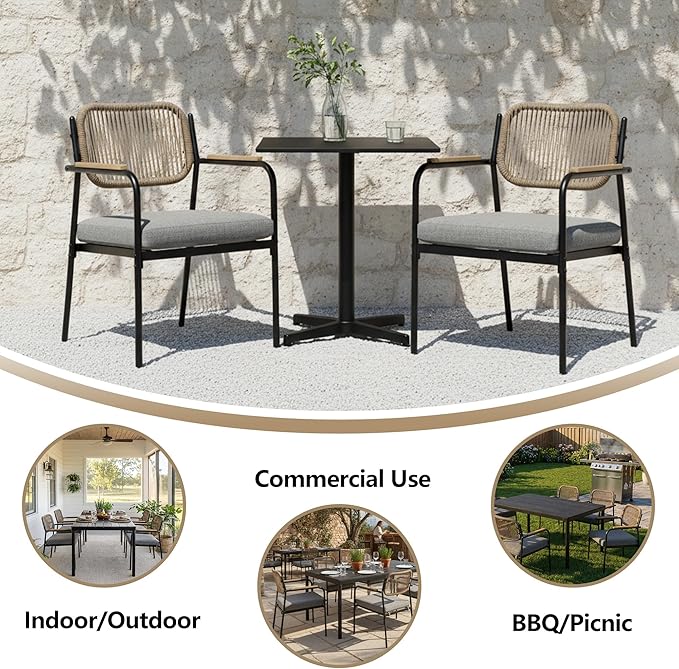 Outdoor Dining Chairs Set of 2, Wicker Patio Dining Chairs with Removable Cushions, Rectangle Patio Table Chair, All Weather Outdoor Chairs, Metal Lawn Chair for Adults/Indoor/Balcony, Gray