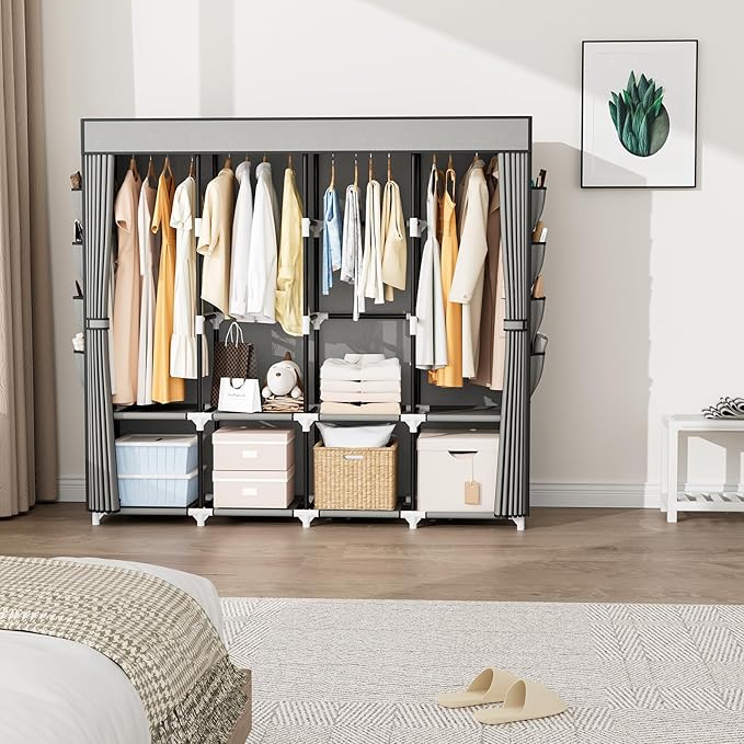Portable Closet for Hanging Clothes, 67 Inch Wide Portable Wardrobe Closet with Cover, 4 Hanging Rod, Storage Shelves and Side Pockets, Large Free Standing Closet for Bedroom, Grey