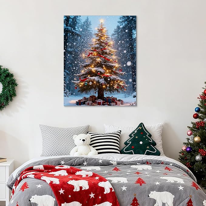 Framed Christmas Pictures Wall Decor,Vintage Pine Tree Prints,Winter Christmas Canvas Wall Art Decoration for Bedroom Bathroom Living Room Rustic Xmas Holiday Gifts (Christmas Tree 16, 11'' X 14'')