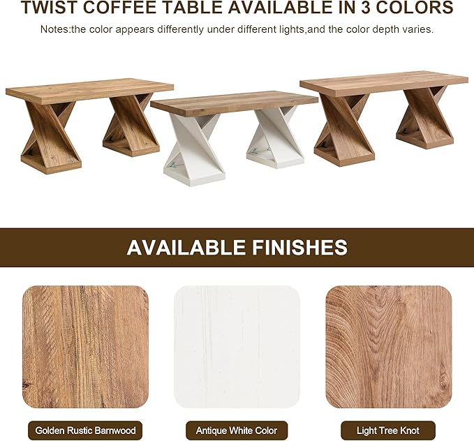 OKD Modern Coffee Table, 48" Twisted Center Table with Wood Thickened Pedestal, Rectangular Rustic Living Room Table, Farmhouse Storage Low Cocktail Tea Table,Golden Rustic Barnwood