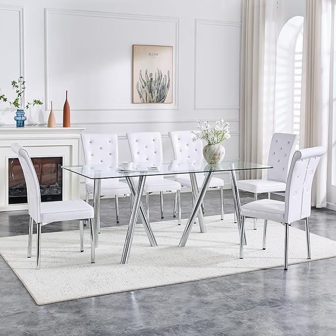 71" Rectangular Dining Table for 6-8, Modern Dining Table with Tempered Glass Tabletop & Metal Legs, Large Glass Dinner Table for Home Kitchen