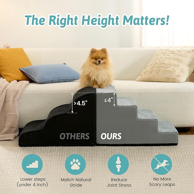 Slope Dog Stairs 15.7" H, Pet Steps for Couch Sofa Chair, Ramp for Small Dogs Puppy Cats Seniors with Removable Washable Cover, 4 Step, Grey