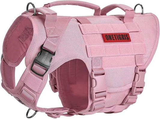 OneTigris Large Tactical Dog Harness, No Pulling Adjustable Dog Vest Harness, Heavy Duty Dog Harness with Handle, Large Hook and Loop Panels for Patch(Pink,M