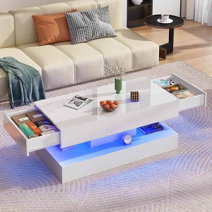 Uspeedy 39.37in Large High Glossy LED Coffee Table with 2 Storage Drawers,Black/White Modern Coffee Tables for Living Room,Living Room Tables,APP LED Lights (White)