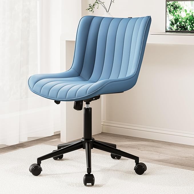 Kidol & Shellder Blue Leather Home Office Desk Chair with Wheels Modern Cute Armless Executive Swivel Vanity Chair with Comfy Padded Back Ergonomic Rolling Adjustable Computer Task Chair Small