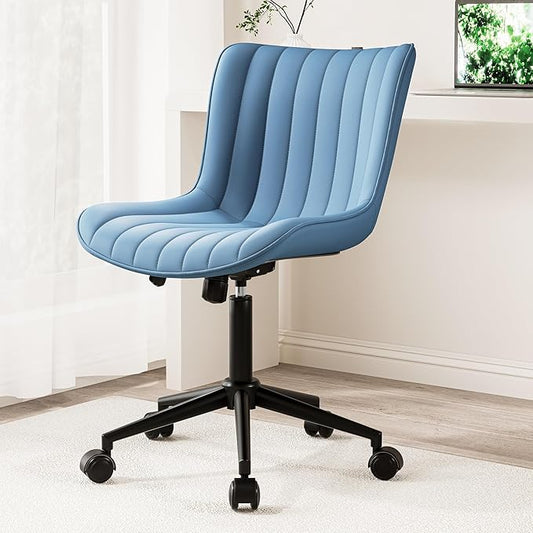 Kidol & Shellder Blue Leather Home Office Desk Chair with Wheels Modern Cute Armless Executive Swivel Vanity Chair with Comfy Padded Back Ergonomic Rolling Adjustable Computer Task Chair Small