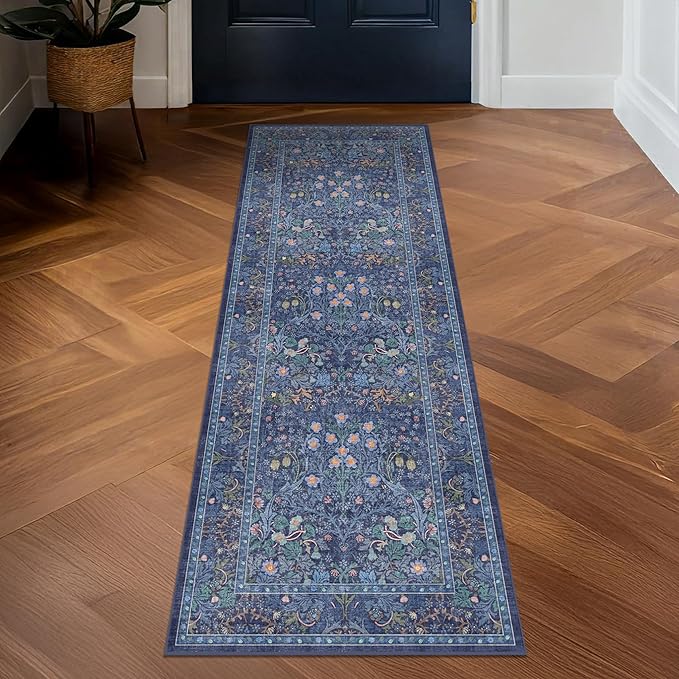 Dark Blue 2x8 Hallway Runner Non Slip - Machine Washable Kitchen Rugs, Geometric Floral Pattern Indoor Floor Mats for Entryway, Oriental Design Home Décor