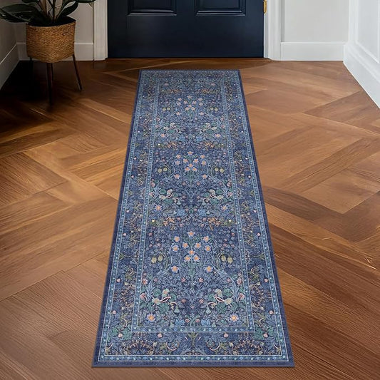 Dark Blue 2x8 Hallway Runner Non Slip - Machine Washable Kitchen Rugs, Geometric Floral Pattern Indoor Floor Mats for Entryway, Oriental Design Home Décor
