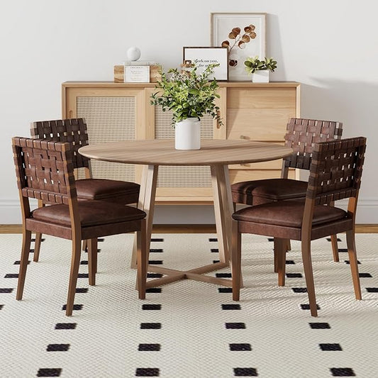 Woven Faux Leather Dining Chairs Set of 4, Farmhouse Upholstered Kitchen Chairs with Wooden Legs Armless Accent Side Chairs for Dining Room/Restaurant, Brown