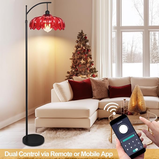 Unique Floor Lamp for Living Room with Remote,Arc Vintage Flower Standing Tall Lamp,Black Dimmable Floor Lamp with Red Glass Shade,Modern Mid Century Floor Lamps for Bedroom Office Corner