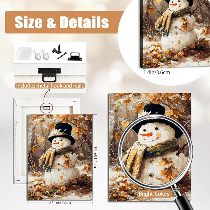 Vintage Snowman in Forest Christmas Canvas Wall Art - Rustic Winter Landscape Framed Print for Living Room, Cozy Christmas Wall Decor, Ideal Christmas Gifts & Festive Winter Decor